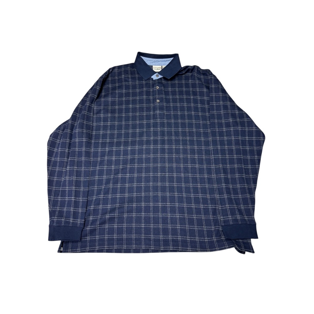 Vtg LL Bean Long Sleeve Plaid Button Neck Polo Shirt Mens XL Blue Casual Outdoor